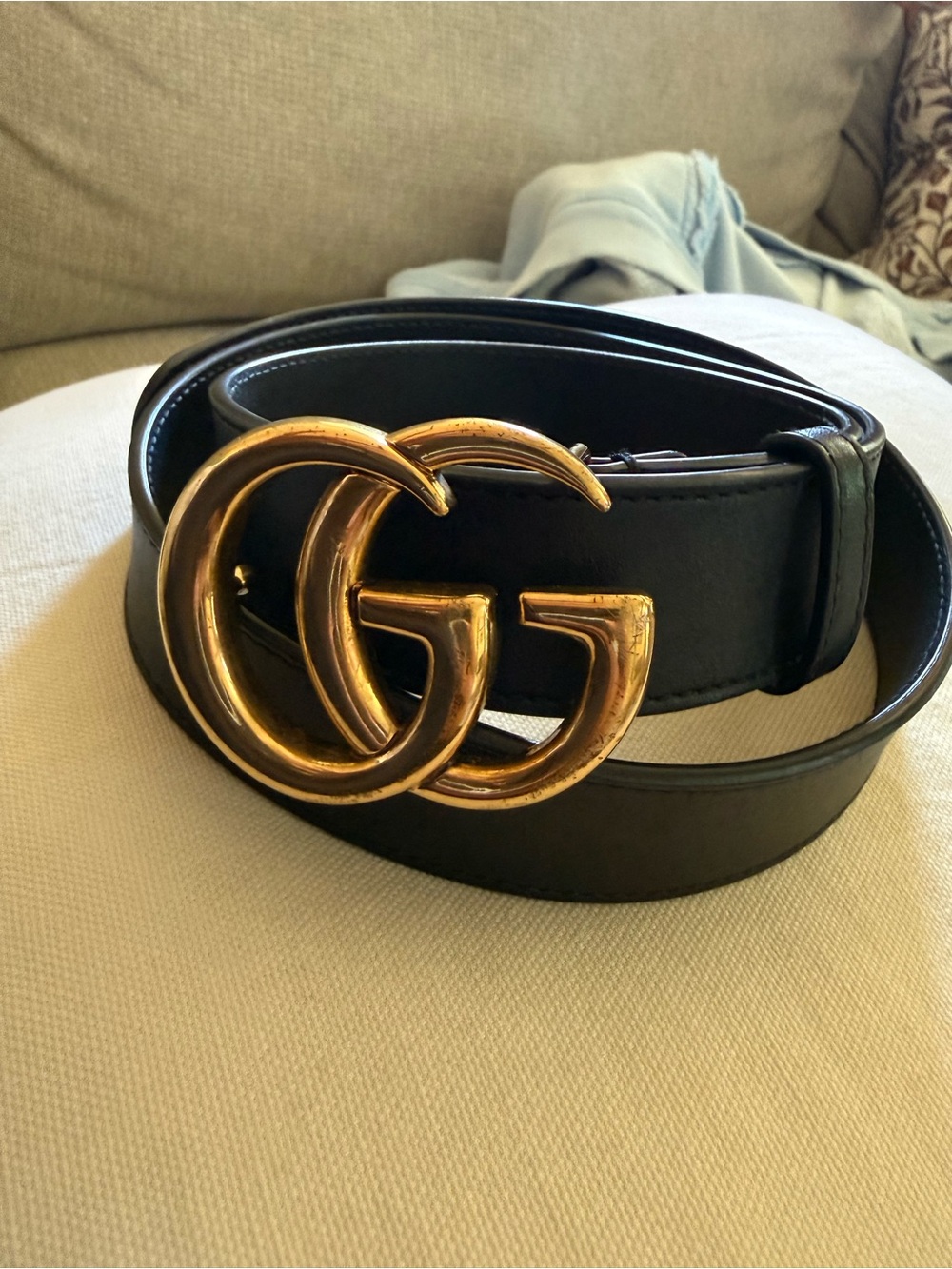 Authentic Gucci Black Leather Belt with Gold Double G Logo